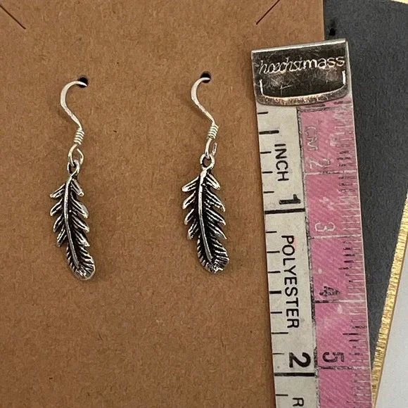 Feather Earrings Sterling Silver 925 Dangle Hook Bohemian Tribal Nature Delicate - Picture 3 of 4